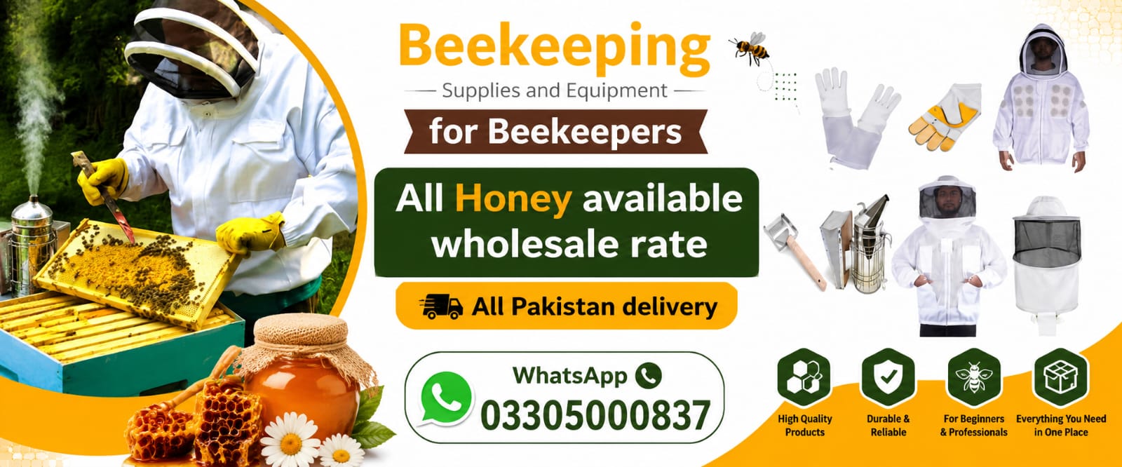 Full beekeeping equipment spread · hive tool, smoker, gloves