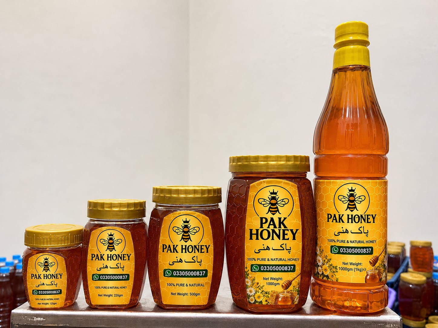Pak Honey full product range · 125g to 1kg jars and bottles of pure honey